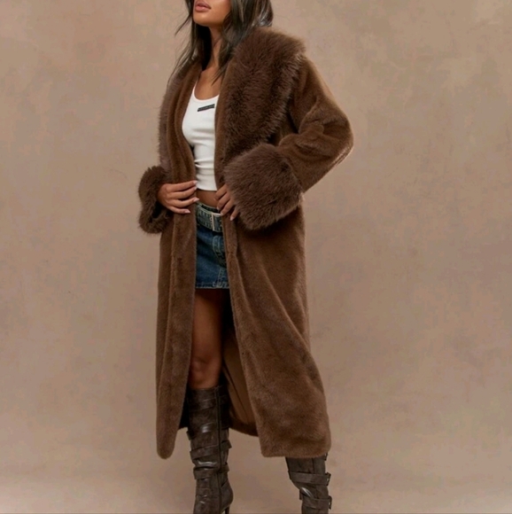 Fluffy Shawl Collar Cuff Detail Longline Coat Winter Wear - Picture 1 of 4